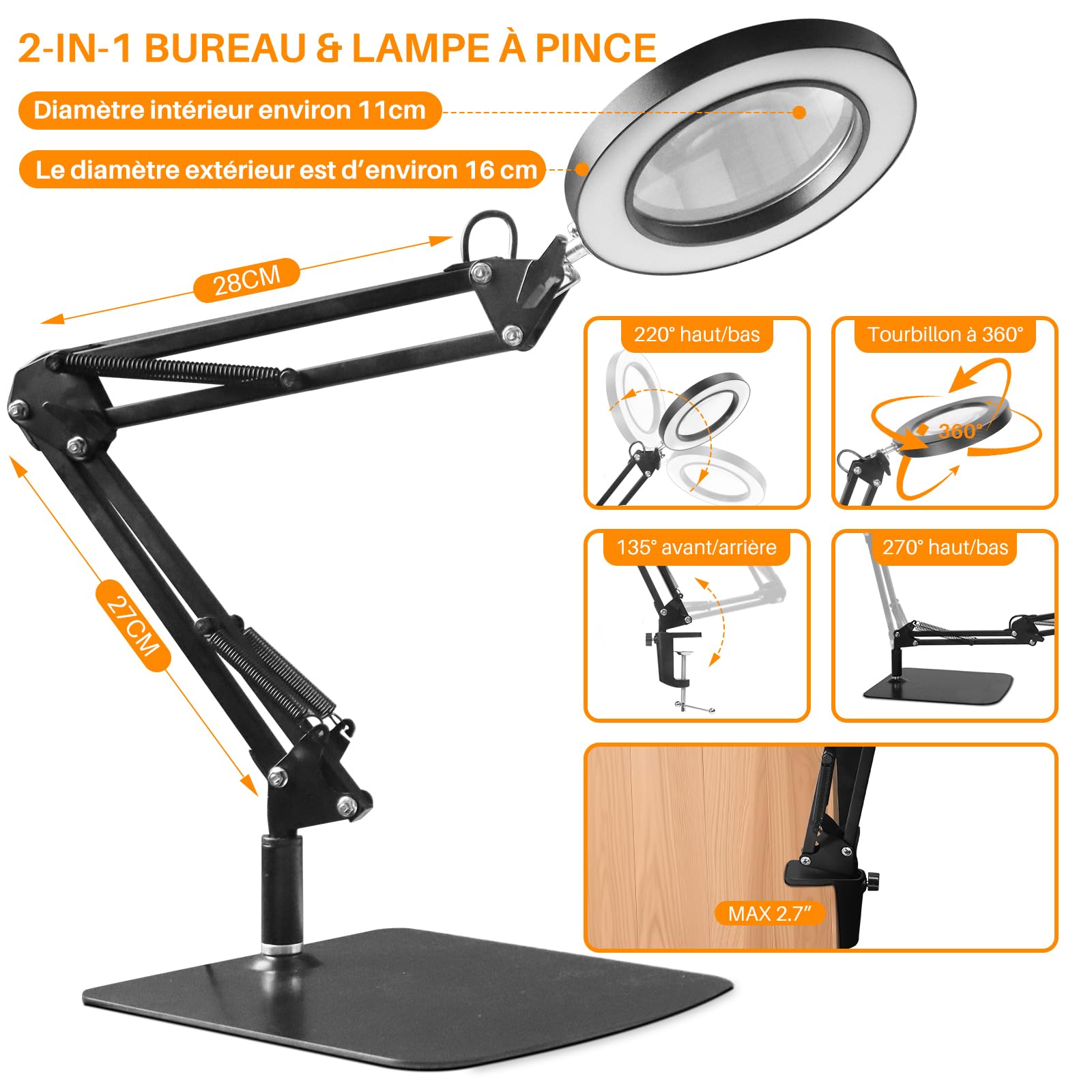OKSANO Lampe Loupe 10X LED Bureau 3 Couleurs 10 Luminosité Lecture Réparation Artisanat