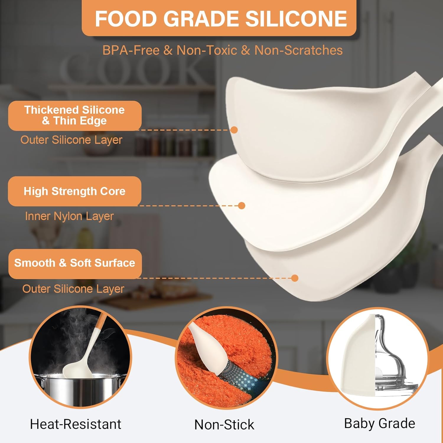 Large Silicone Kitchen Utensils Set with Holder, 25Pcs Cooking Utensil Set with Wooden Handle, Heat Resistant Spatula Sets for Cooking, BPA Free Silicone Utensils Set for Non-Stick Cookware(White)