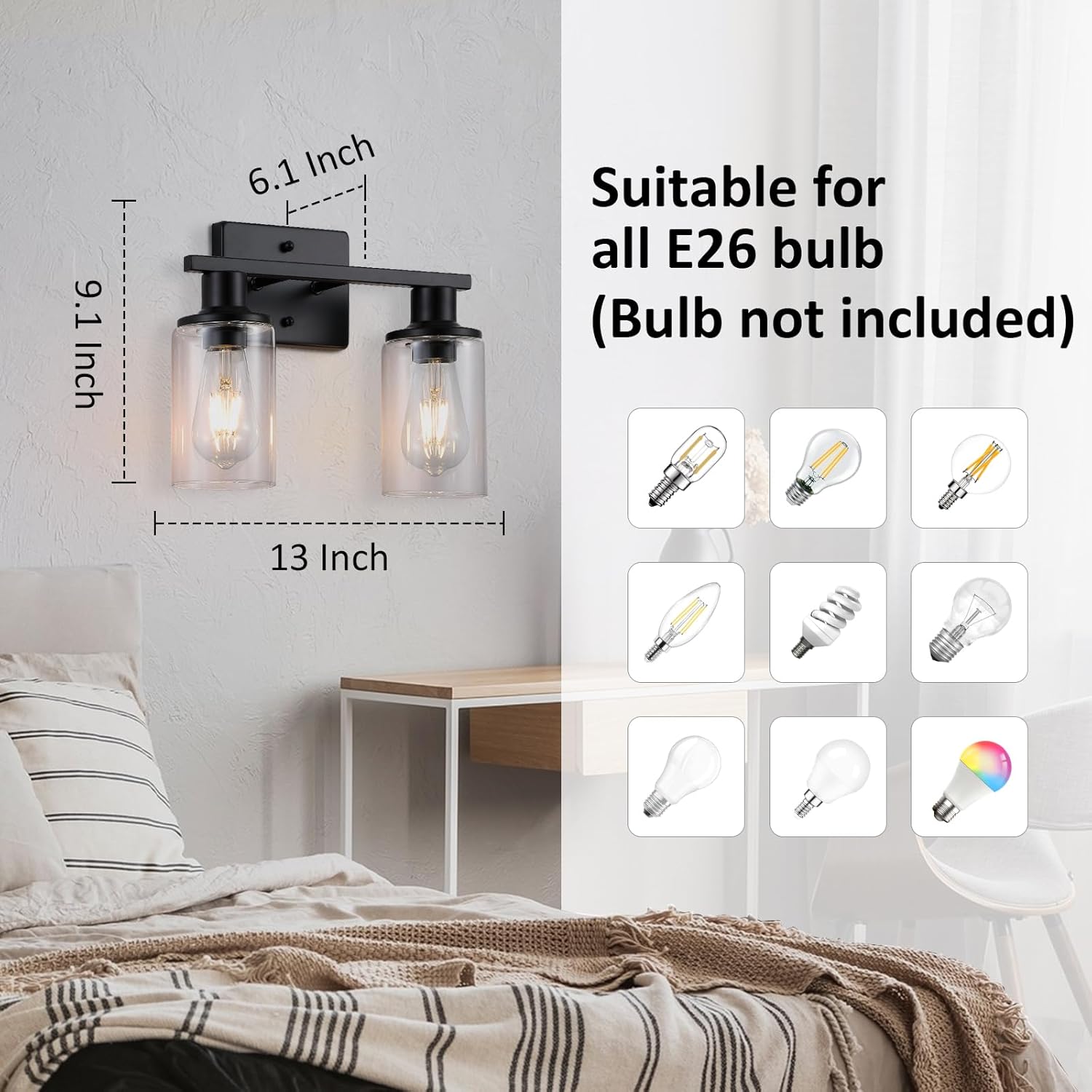 2 Pack Matte Black Bathroom Light Fixtures Over Mirror,2-Light Bathroom Vanity Light with Clear Glass Shade,Modern Farmhouse Wall Sconces Lighting for Mirror Kitchen Living Room Cabinet