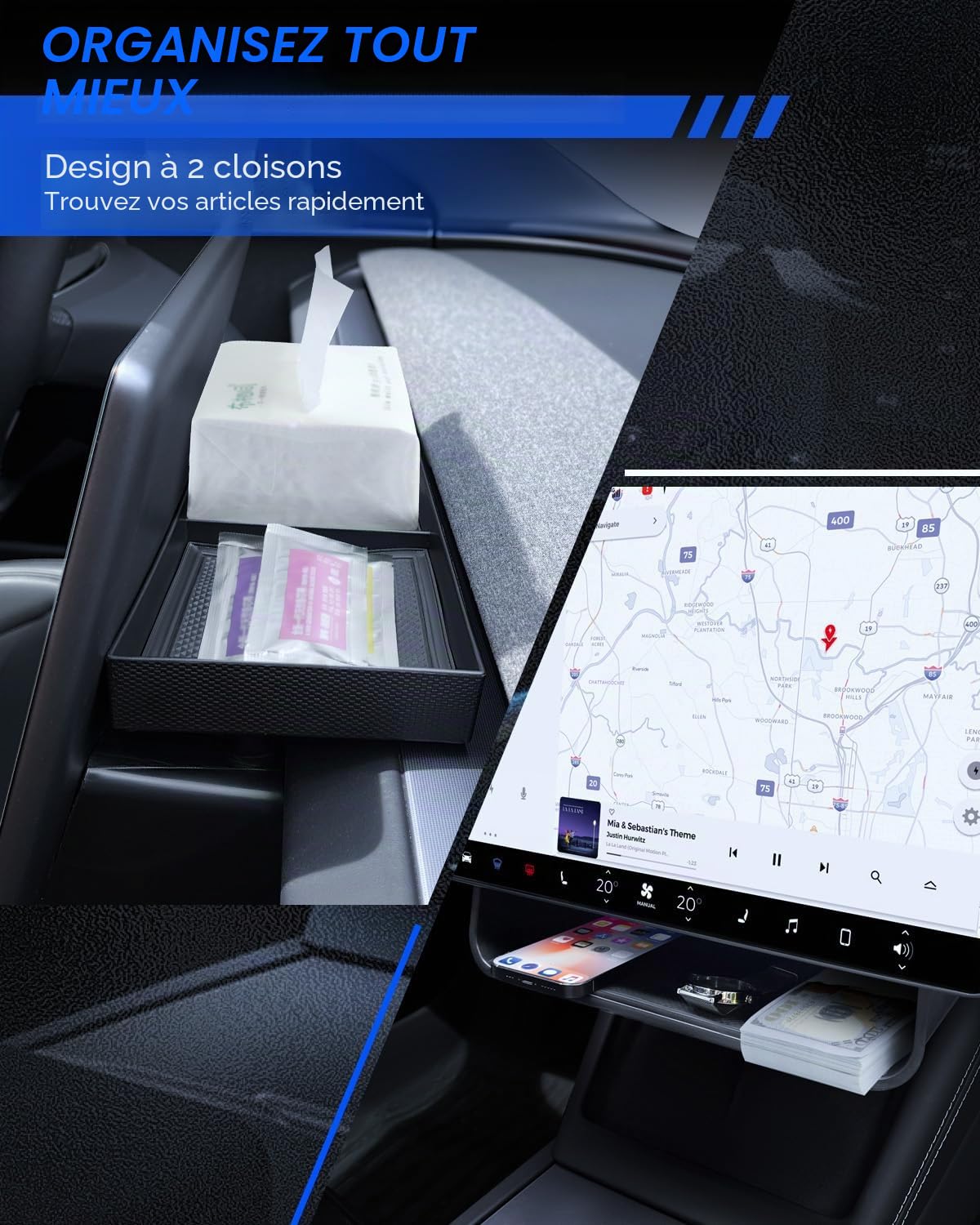 Organisateur sous l’Écran pour Tesla Model Y 2025 et Model 3 2024-2025 Boîte de Rangement Derrière l’Écran avec Tapis Antidérapant Tesla Juniper Highland Accessoires