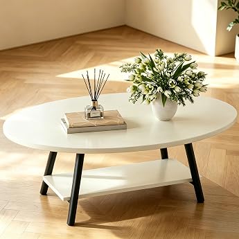Hawthyhome 2-Tier Oval Wooden Coffee Table Light Beige