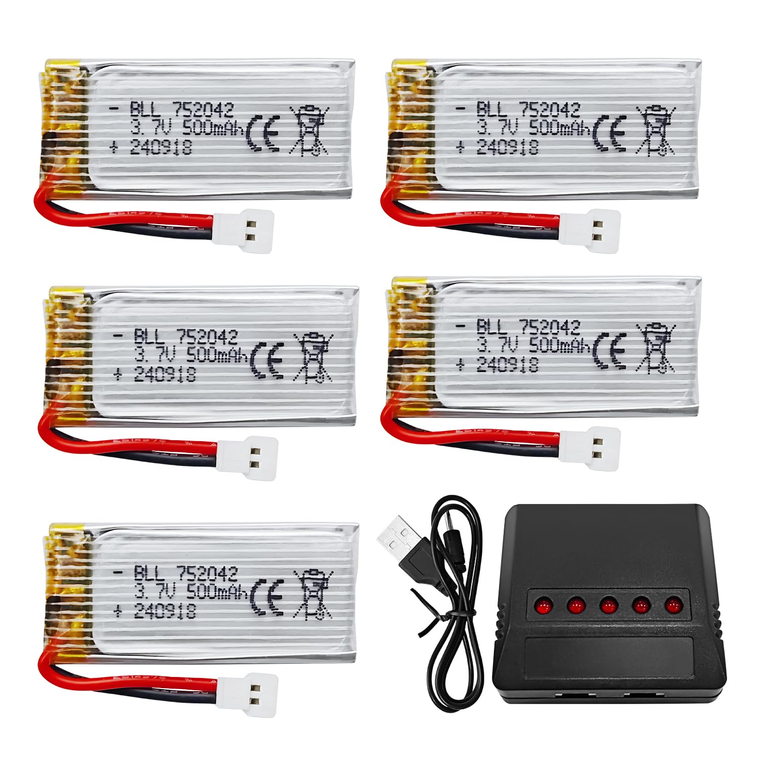 BLLRC 5PCS 3.7V 500mAh Lithium Battery with 5-in-1 Charger for Hubsan H107L/C/D/P X5S H31 H6D JXD388 JXD385 U816A SYMA X5C X5SW HS170 HS170C HS170G F180W 0C TR-C3 85 TR-P51 TR-F22 RC Drone