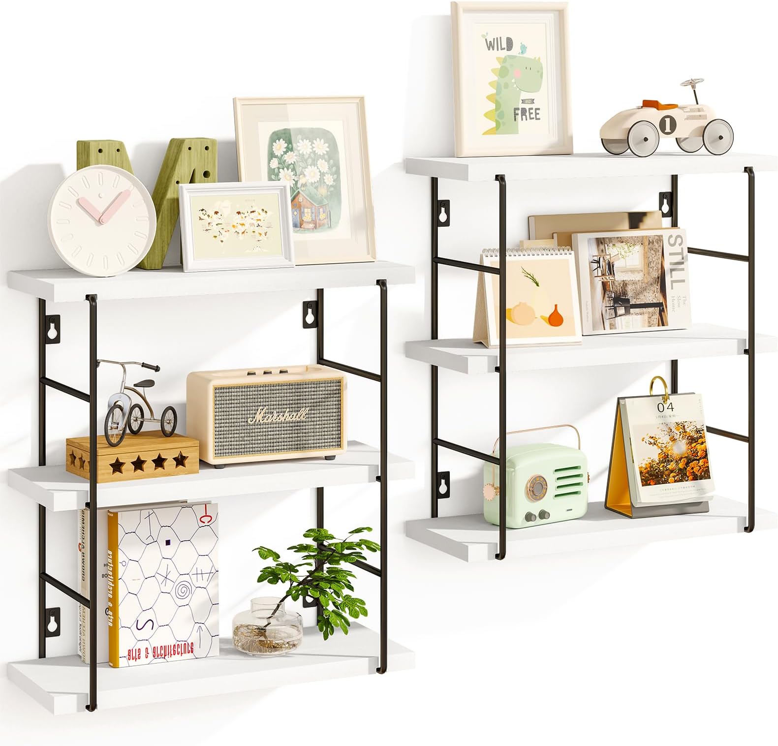 Fixwal 6-Tier Floating Shelves for Wall, Rustic Wood Wall Storage Shelves with Metal Frame for Living Room, Bedroom, Bathroom, Office (White)