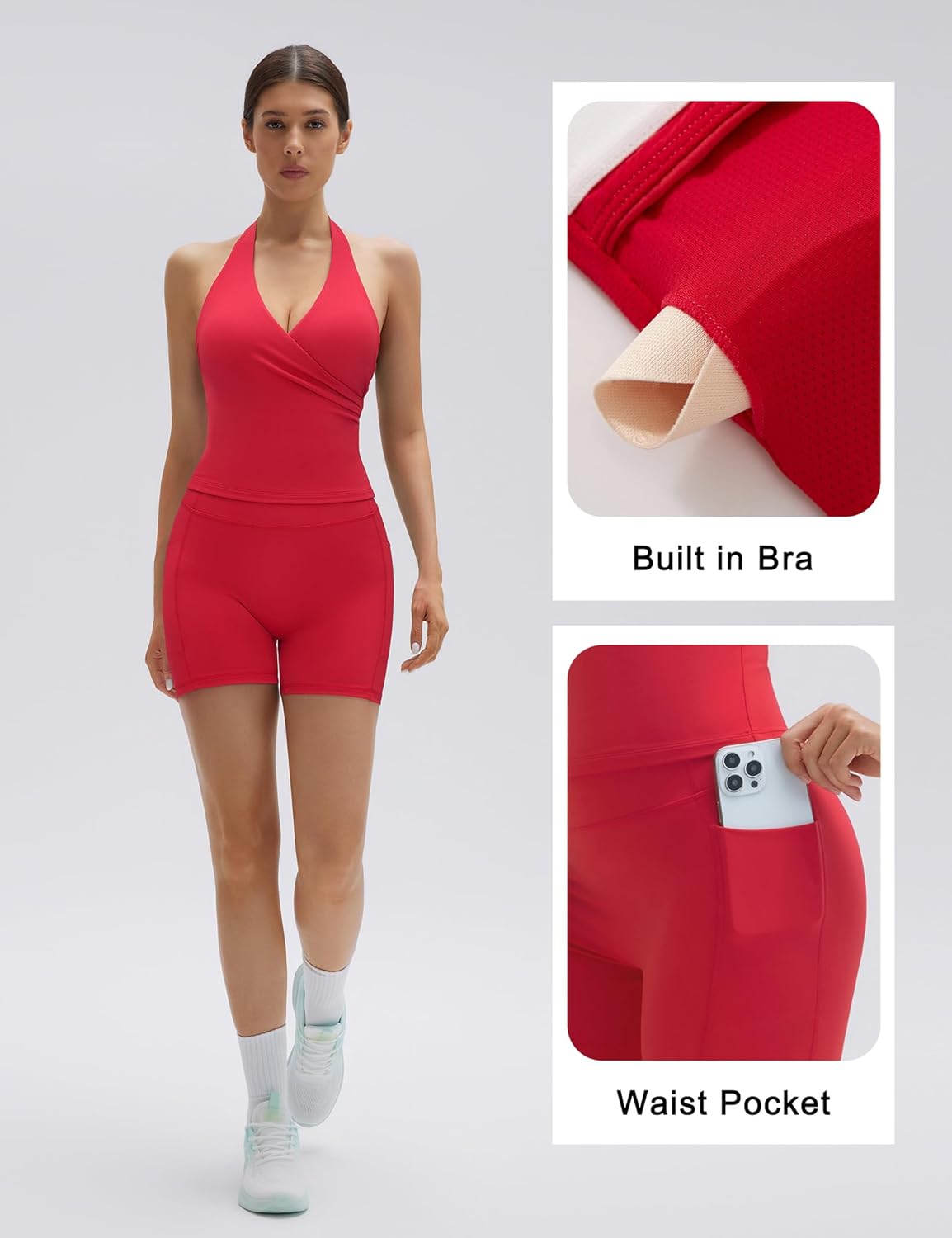 SUUKSESS Women 2 Piece Halter Open Back Workout Sets Padded Tank Top High Waisted Tummy Control Biker Shorts with Pockets - Image 4