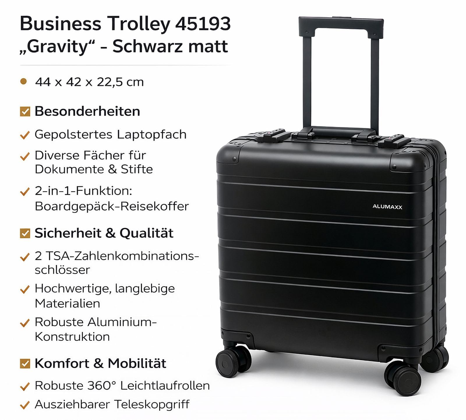 ALUMAXX 45293 Businesstrolley Gravity, Reisekoffer mit Overnight Fach, Fächermappe, TSA Schloss, Aluminium Trolley mit 4 Rollen, Koffer 44 x 42 x 22,5 cm, schwarz + ALASSIO Aluminium Kofferanhänger