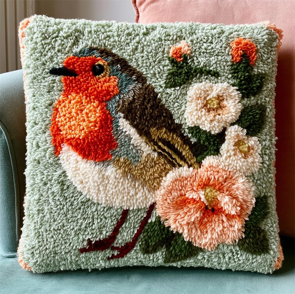 kitphoenix Latch Hook Cushion Kit -Robin and Flowers