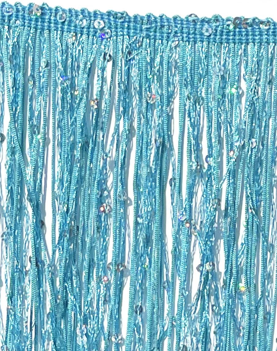 5 Yards of 4" Long Starlight Silver Rainbow Sequins Chainette Fringe Yarn Thread Tassel Trim-Turquoise Blue