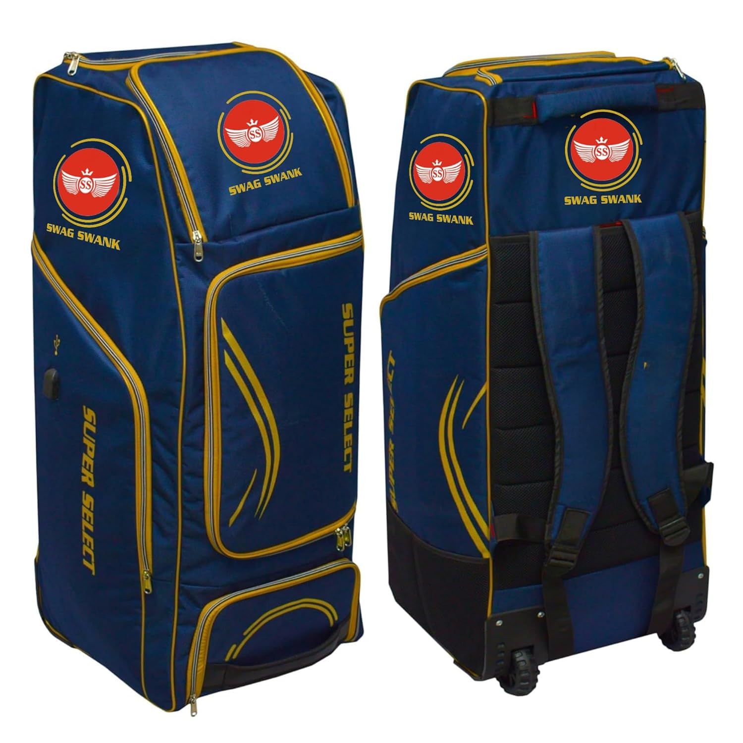 Polyester Swag Swank Cricket Kit Bag, Large Wheeled Duffle, Navy Blue and Yellow, Multi-Compartment Storage
