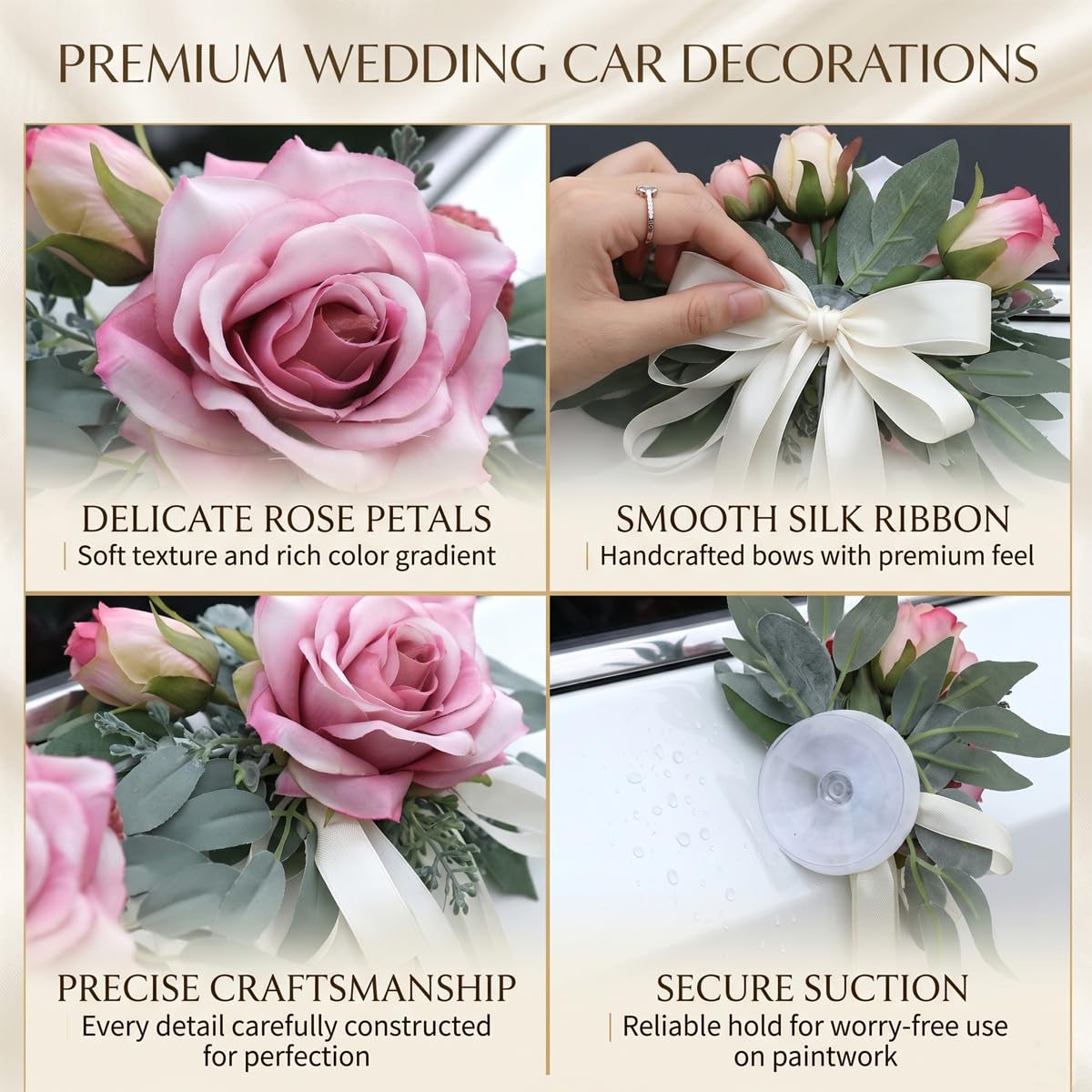 6 Stück Hochzeit Autoschmuck, Auto Türgriff Blume Deko, Autoschleifen Hochzeit Rückspiegel Dekoration, Künstliche Rose mit Saugnäpfen für Hochzeitsdeko Auto Rückspiegel Cremrosa
