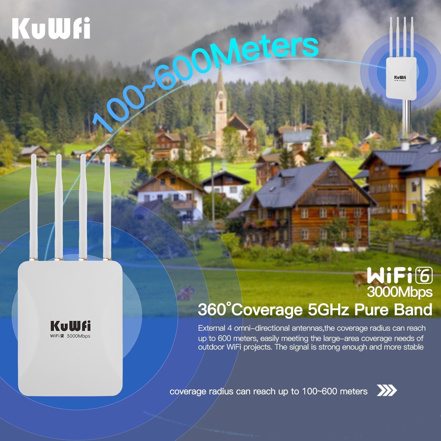 KuWFi Outdoor WiFi 6 Repeater & Extender, Punto di accesso WiFi 6 AX3000 Mbps 2,4 GHz e 5 GHz Point Bridge with 4 High Gain Antennas, Gigabit Port, Poe Powered, Supporto MU-MIMO, Seamless Roaming