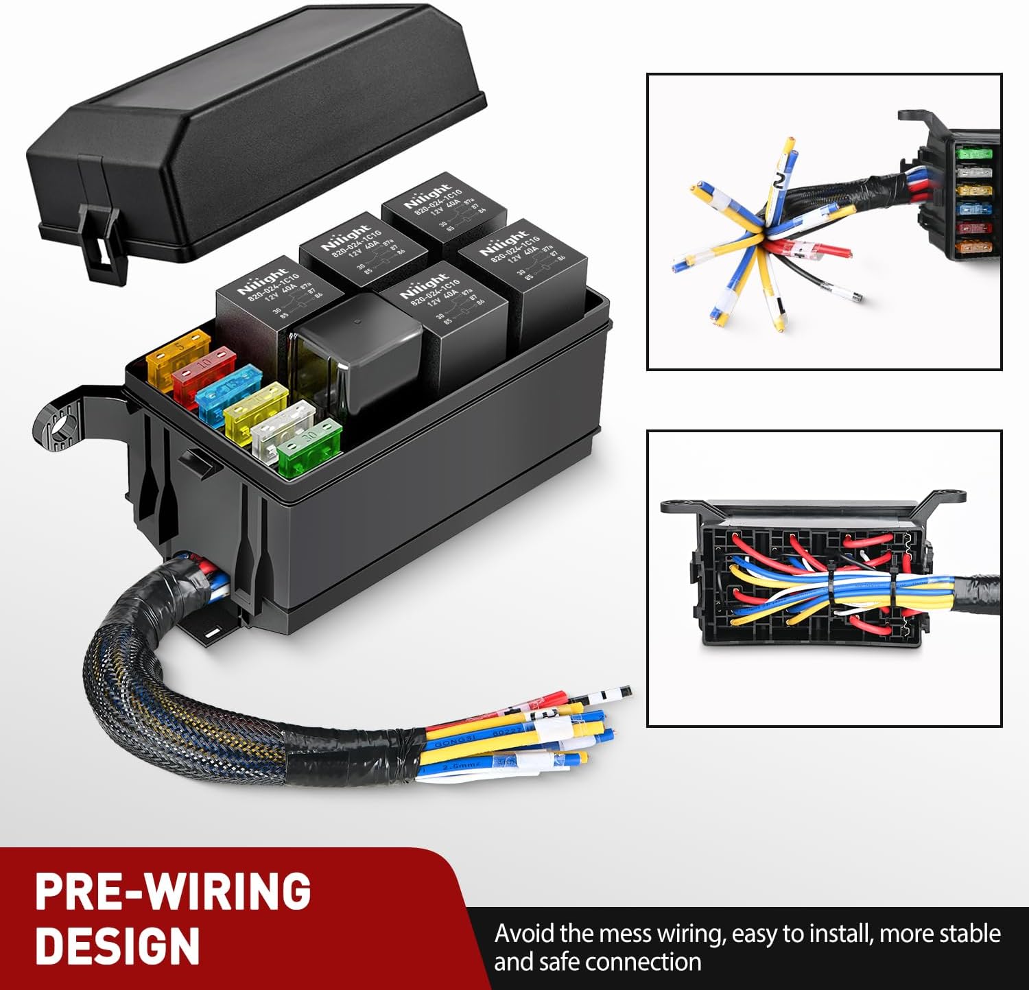 Nilight 12V Fuse Relay Box 6 Relays 6 Slots ATC/ATO Blade Fuse Holder 4Pin 5Pin Terminal 40A Relay Pre-Wired Waterproof Block Kit Universal for Automotive Car Truck Camper Boat
