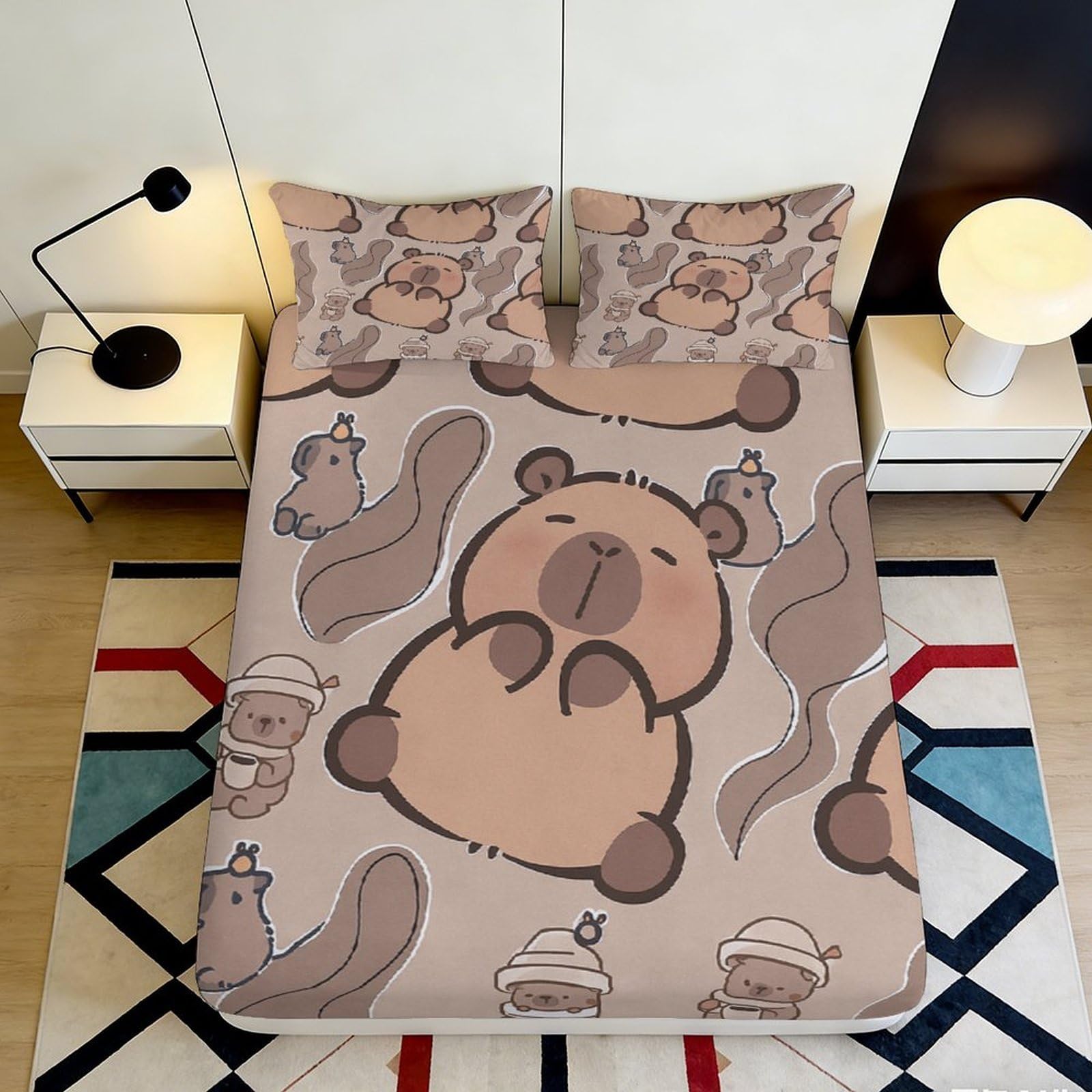 3D Printed Cute Bear Brown Fitted Sheet Microfiber Soft Breathable Cartoon Pattern Bed Cover for Bedroom Dormitory Guest Room Mattress Protection 90x200x25cm