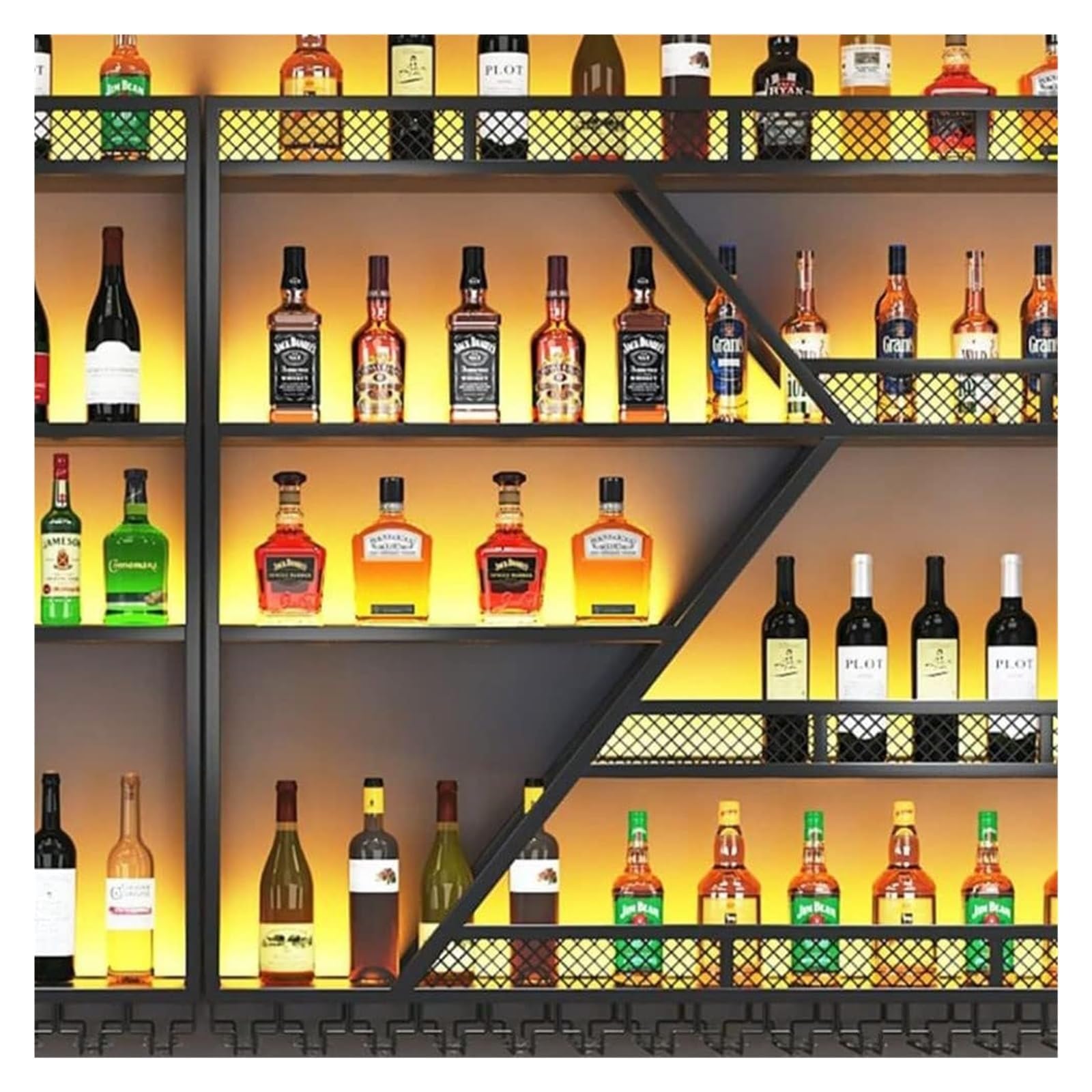 Estante para Botellas de Vino de Pared con Soporte para Copas y luz LED, Soporte metálico para Botellas, Estante de exhibición para Bar, Sala de Estar, Restaurante, Decor