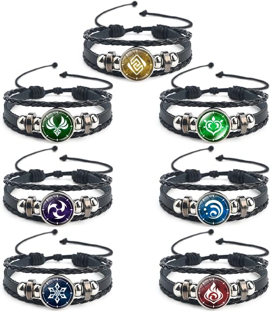Genshin Impact Bracelet 7 Pcs, Animne Luminous Bracelet, Element Luminous Bracelets Glow in Dark, God's Eye Time Gem Bracelet of Fire, Ice, Wind, Grass, Rock, Thunder, Water