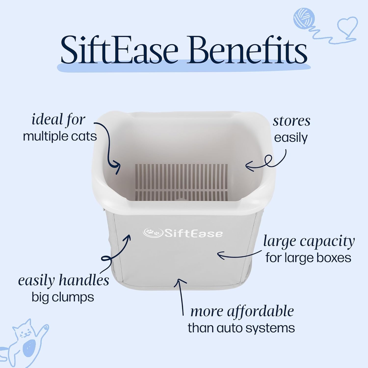 Cat Litter Sifter - SiftEase Litter Box Sifting, Fast Scoop Free Cleaning, Large Sift with Bin for Longer Lasting Litter, Easy Clean Sifting Litter Box Cleaner (Light Grey)