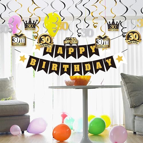 Miniatura 350 de LINGTEER Happy 65th Birthday Decorations Set - 12Pcs Black & Gold Swirls Streamer,Happy Birthday Bunting Banner,Cheers to 65 Years Old Bday Party