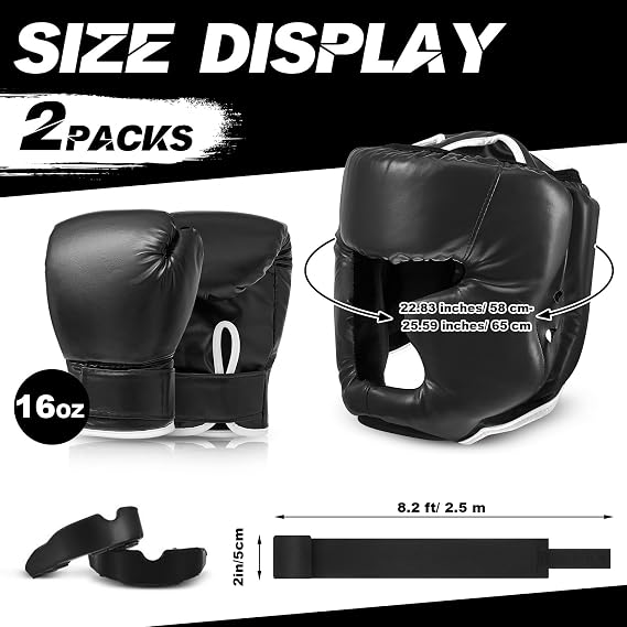 Kanayu 14 Pcs Boxing Gloves and Headgear Set for Beginners Youth 16 Ounce Boxing Gloves Headgear Helmet Hand Wraps Mouth Guards Equipment for Beginners Training Equipment Gifts