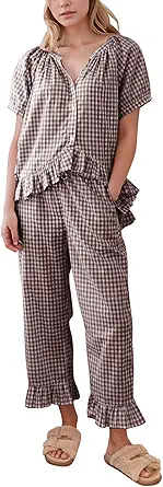 Flygo Womens Plaid 2 Piece Pajamas Sets Gingham Button Down Puff Sleeve Babydoll Shirt Ruffle Pants Y2K Pjs Lounge Set