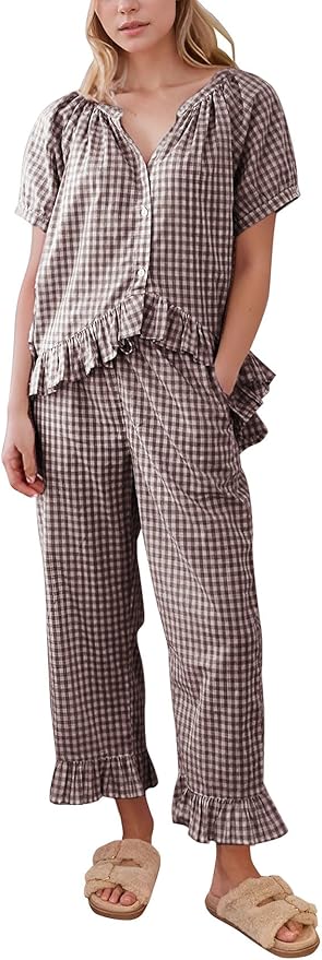Flygo Womens Plaid 2 Piece Pajamas Sets Gingham Button Down Puff Sleeve Babydoll Shirt Ruffle Pants Y2K Pjs Lounge Set