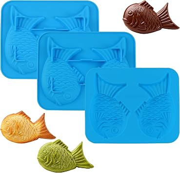 Sidosir 3Pcs Taiyaki Cake Silicone Molds,Fish-shaped Baking Mold for a Non-stick Taiyaki Maker, Taiyaki with Red Bean Paste Filling for Making Waffle, Cake, Chocolate and Waffle