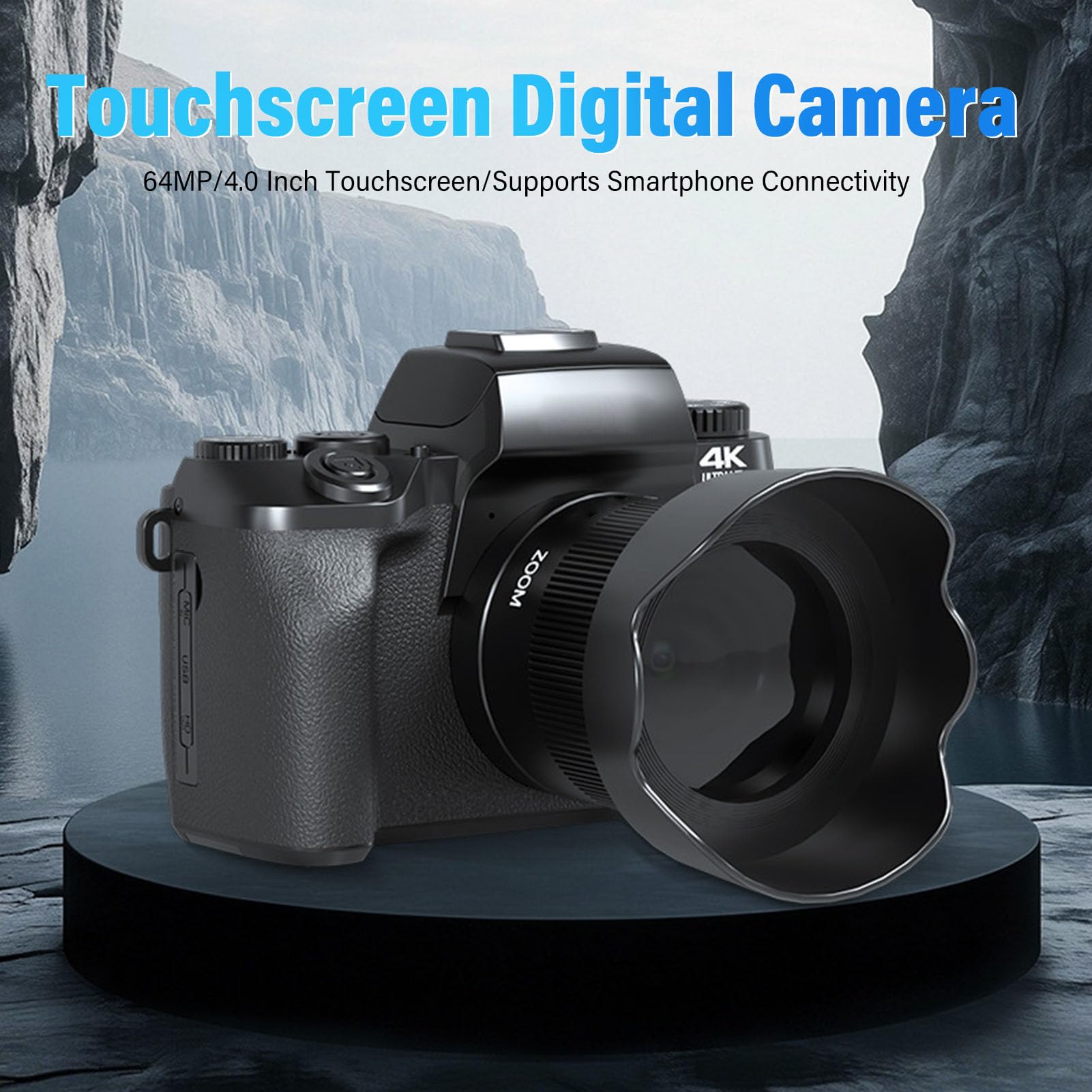 ASHATA Camera Digitale da 64 MP 4K per Fotografia, Videocamere Zoom 16x per le Riprese, con Sensore CMOS Flash LED WiFi, Touch Screen da 4 ", Digicam Vlog per Adolescenti Principianti