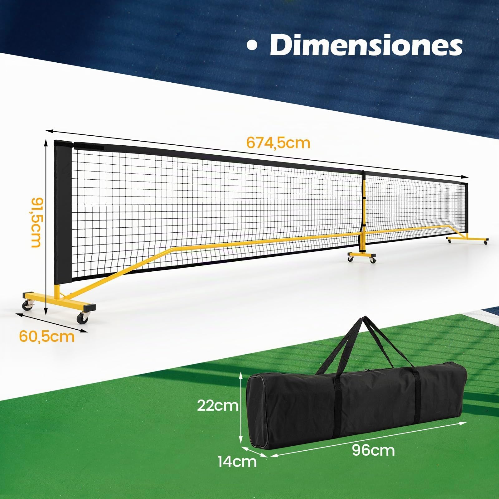 COSTWAY Red de Pickleball Portátil de 6,74M, Tubos de Metal, 6 Ruedas Bloqueables, Red de Poliéster Resistente, Bolsa de Transporte, Equipamiento de Pickleball para Todo Tipo de Clima