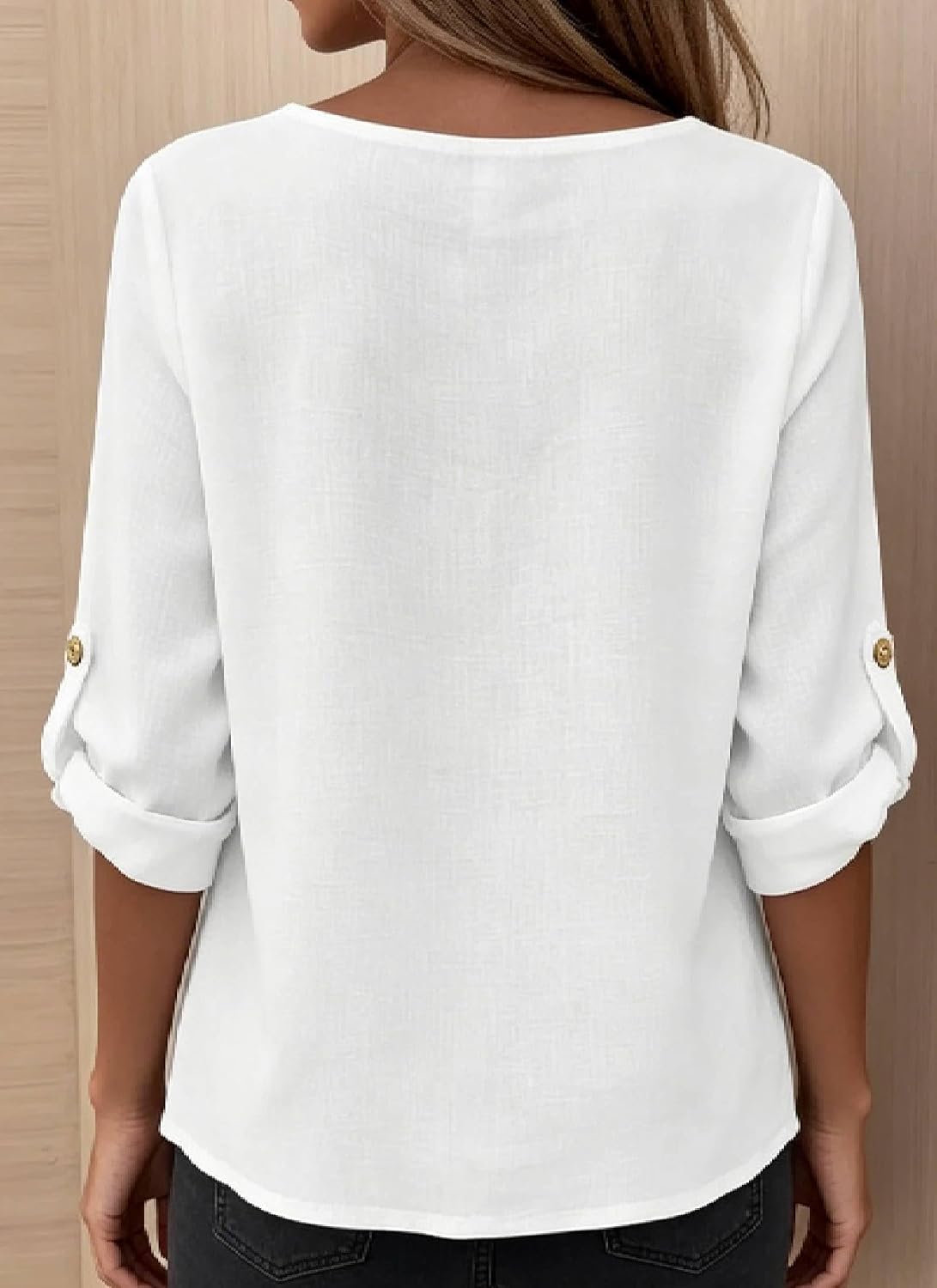 XNC Womens 3/4 Roll Sleeve Tops V Neck Button White Casual Blouses Summer Trendy Tee Shirts 2026 Vacation Fashion Clothes