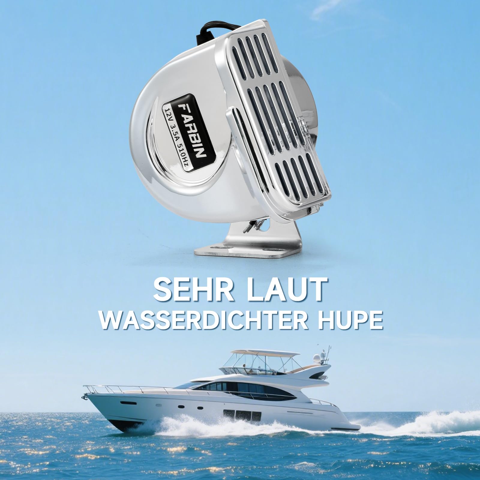 FARBIN Clacson per barche da 12 V, impermeabile, 510 Hz, in acciaio inox ad alta tonalità, per navi, barche, barche a vela, yacht, camion, SUV RV Touring Car ecc.