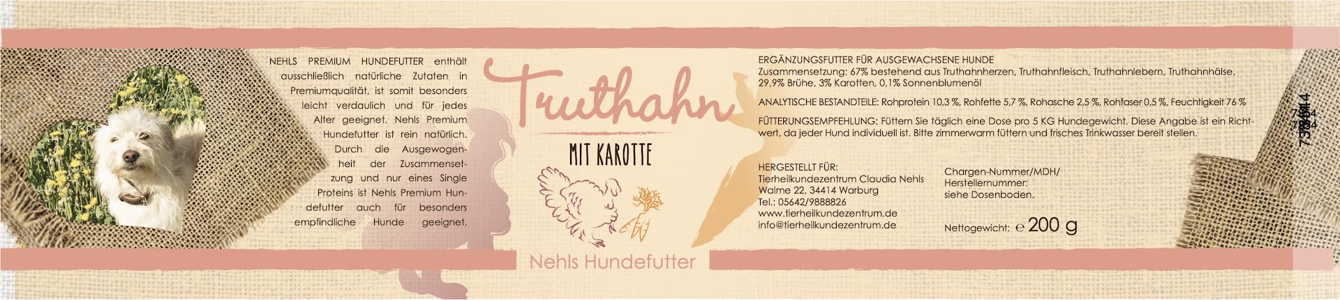 Tierheilkundezentrum Nehls Hundefutter nass - Truthahn mit Karotte  Monoprotein - ber 25 Jahre Premium Qualitt mit regionalen Zutaten - ohne  Zusatzstoffe und Getreide - Allergenfrei - (12 x 200g) : Amazon.de: Haustier