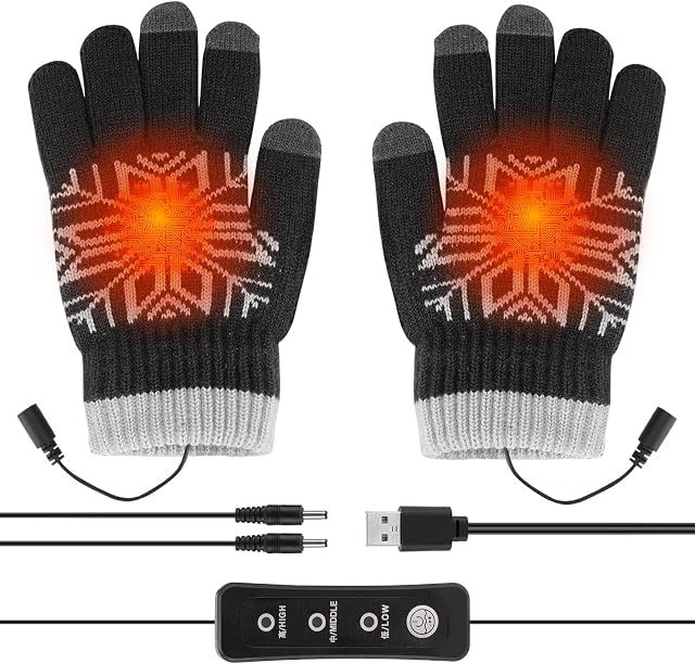 USB Heated Gloves for Men Women, USB Charging Knitted Heating Gloves, Washable Hand Warmers Laptop Mittens, Full Finger Gloves Adjustable Temperature Thermal Gloves for Winter Gift