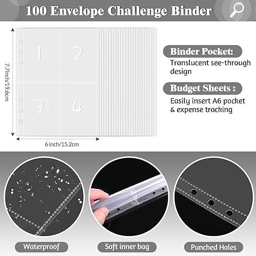 Miniatura 5 de Carpeta de 100 sobres, carpeta A5 de piel sintética, libro de presupuesto con sobres para efectivo, 100 sobres desafío de ahorro de dinero para