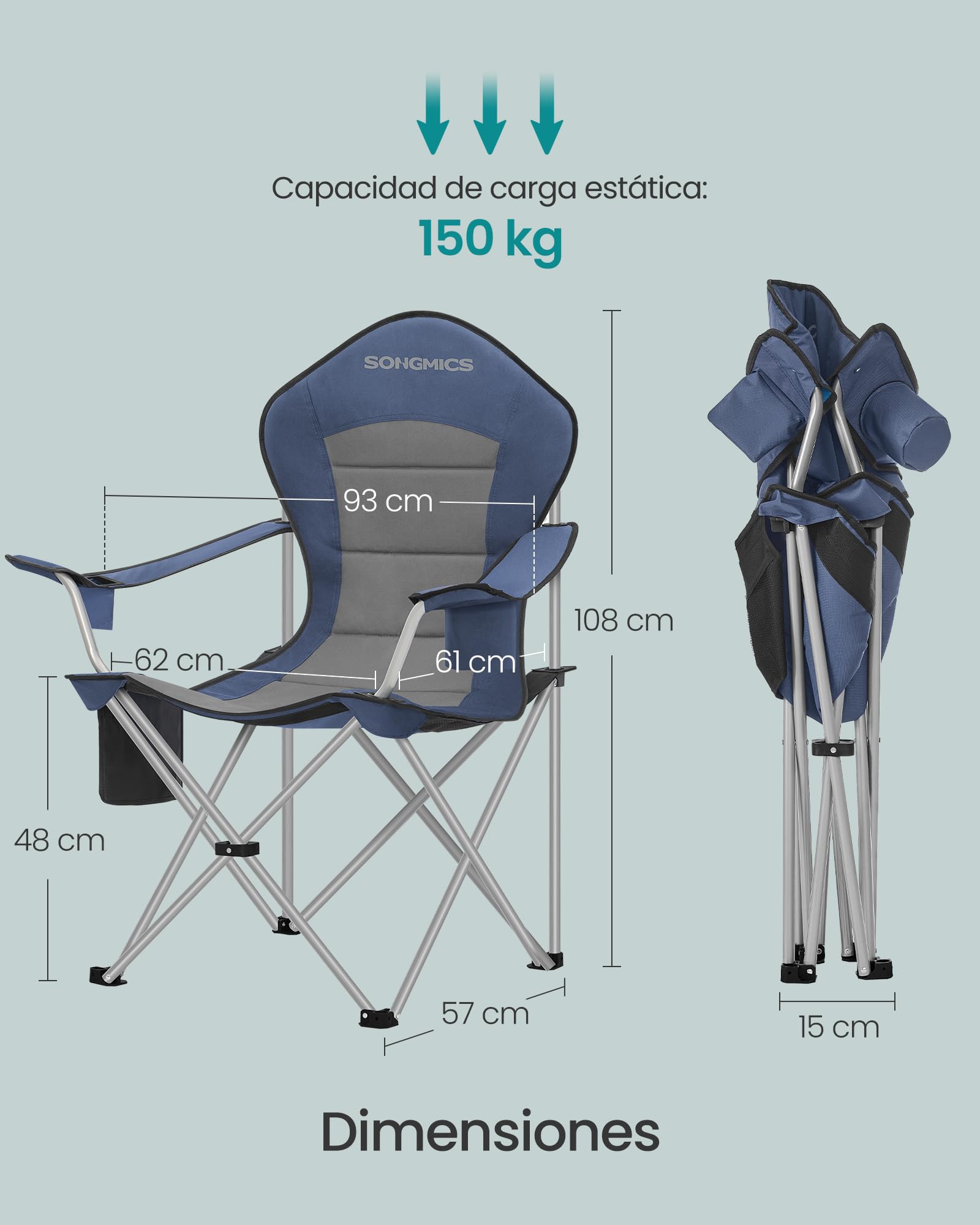 SONGMICS Silla de Camping, Silla Plegable y Portátil con Asiento Amplio, Respaldo Alto, con Portavasos, Soporte para Móvil, Organizador de Tela, Azul y Gris GCB005QE01