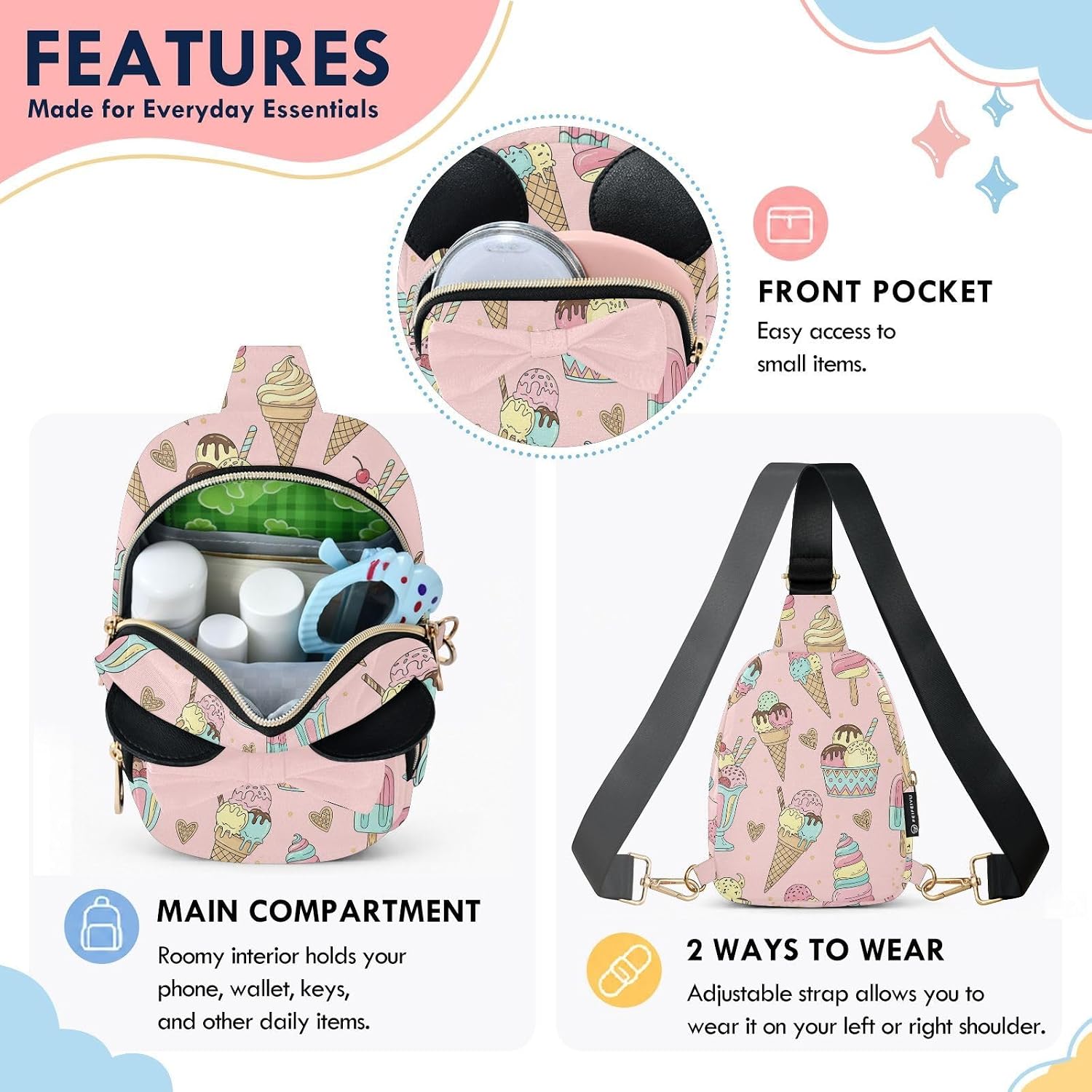 Sinestour Ice Cream Kids Sling Bag for Girls, 5.7x7.5x3.1 Inches | Crossbody Fanny Pack, Toddler Purse, Cute Sling Belt Bag with Ears, 2L Small Shoulder Chest Bag for Travel
