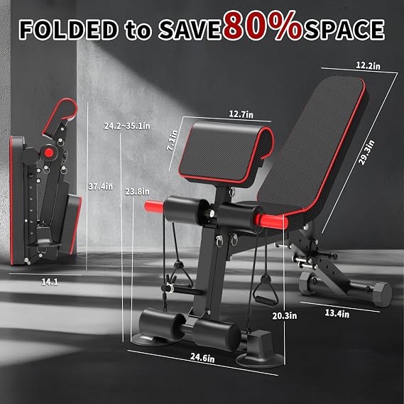 ADJUSTABLE WEIGHT BENCH - Free installation design for utility workout bench for exercise, portable fitness strength training equipment at home gym | 頑丈なスチールフレーム、最大荷重1000ポンド、8段階の背もたれ調整、組み立て不要、コンパクトな折りたたみ式デザイン。