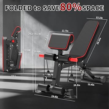 ADJUSTABLE WEIGHT BENCH - Free installation design for utility workout bench for exercise, portable fitness strength training equipment at home gym | 頑丈なスチールフレーム、最大荷重1000ポンド、8段階の背もたれ調整、組み立て不要、コンパクトな折りたたみ式デザイン。