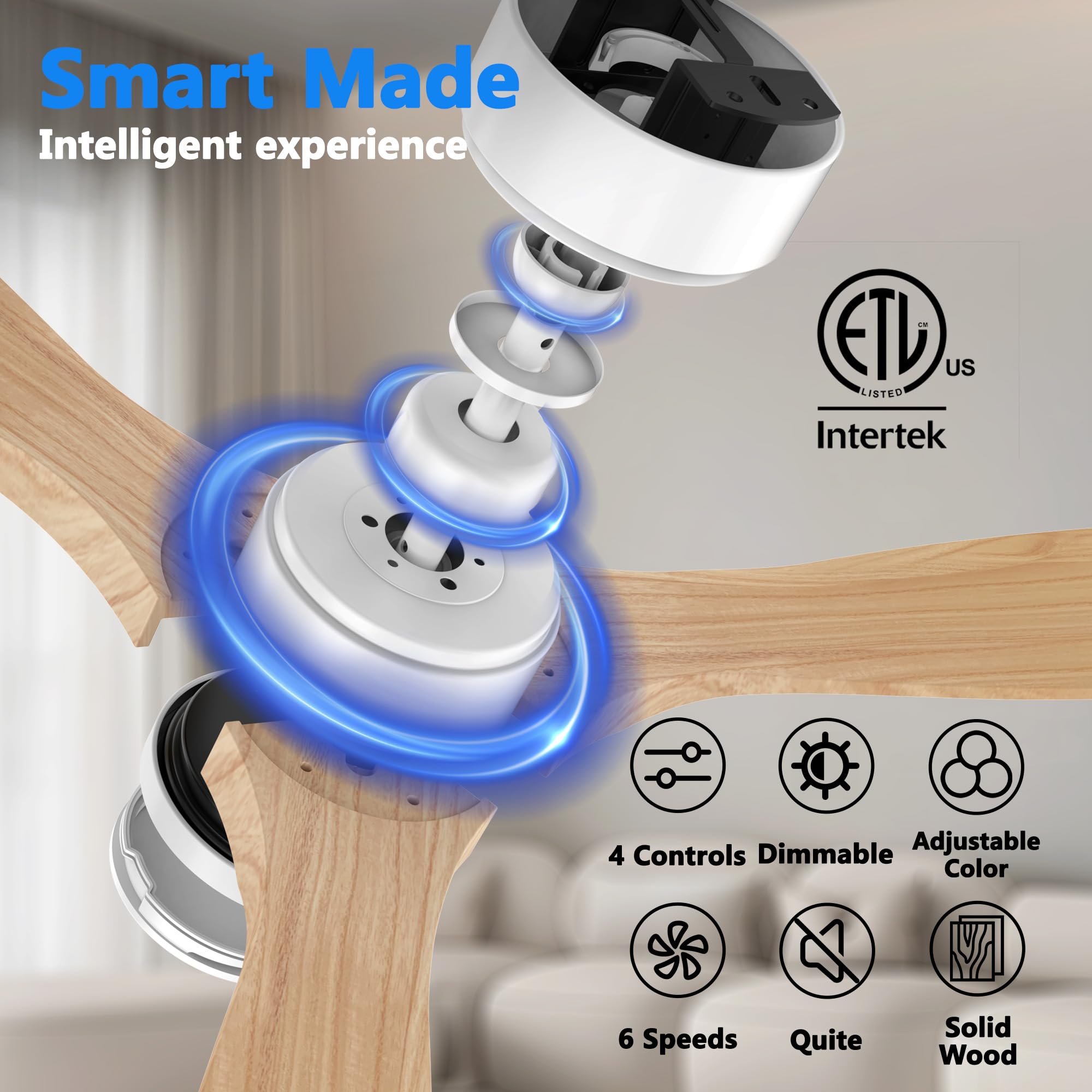 Ventilador de techo inteligente de madera de 52 pulgadas con luces largas, control por voz a través de WiFi Alexa, motor silencioso DC, ventilador de techo interior exterior último
