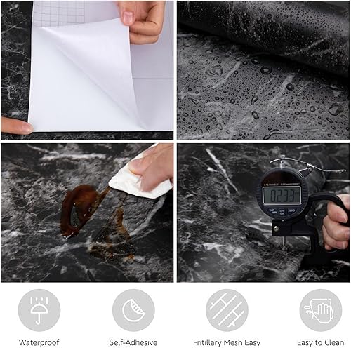 Miniatura 2 de Papel de mármol negro de 17.7 x 78.7 pulgadas, papel tapiz de granito para despegar y pegar, papel autoadhesivo para encimera, grosor para cocina,