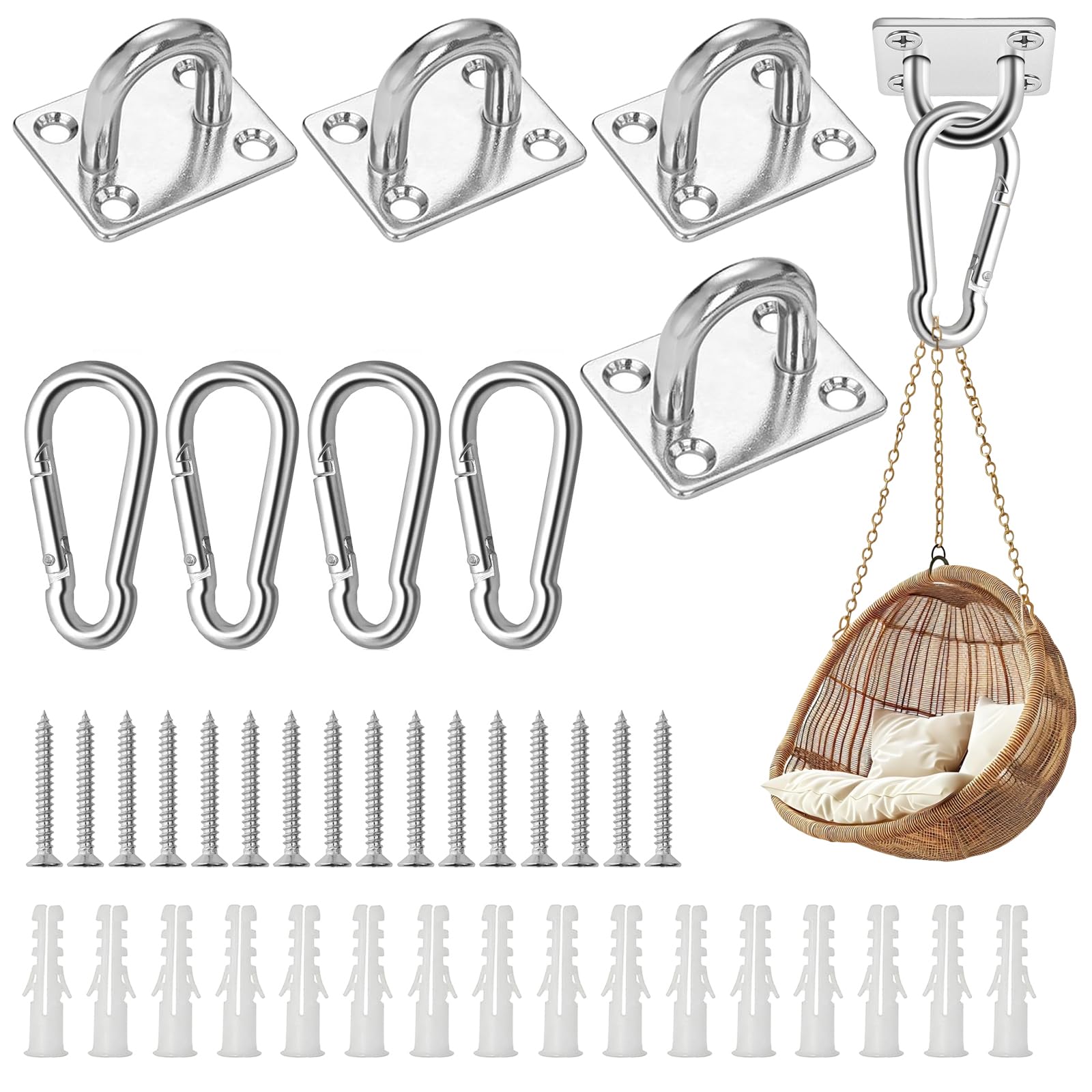 Piatto di ancoraggio da soffitto in acciaio inox per carichi pesanti, set di 4 ganci da soffitto resistenti M5 a forma di U con moschettone e viti, fino a 55 kg per poltrona sospesa, amaca, ombrellone