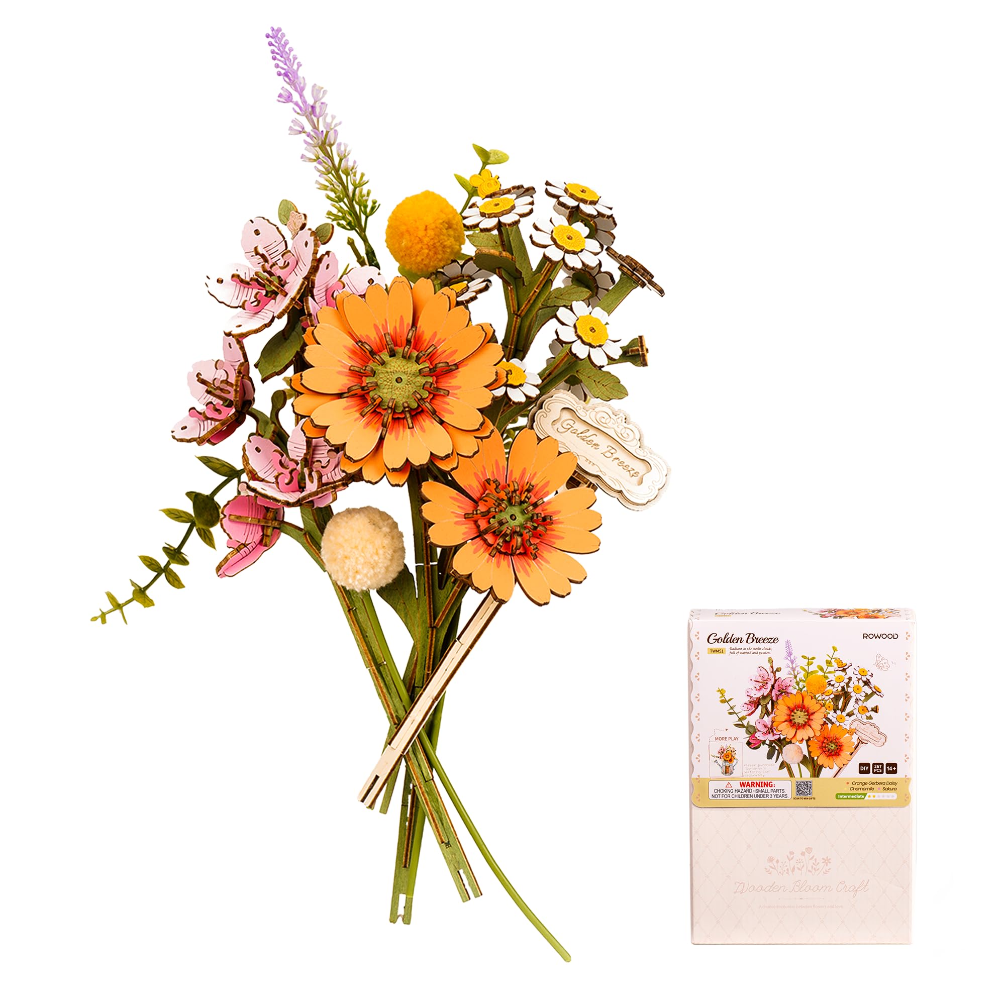 Rowood Artificial Flowers Golden Breeze, 3D Puzzle DIY Wooden Flower, Model Kits to be Assembled, Craft Set for Adults Kids, Home Décor and Valentine Toy Gift Kit
