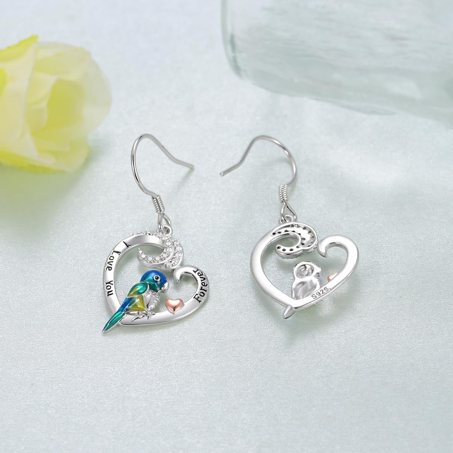 Parrot Earrings for Women 925 Sterling Silver Cute Heart Parrot Dangle Earrings with "I Love You Forever" Heart Robin Bird Animal Jewelry Gifts for Women Mom