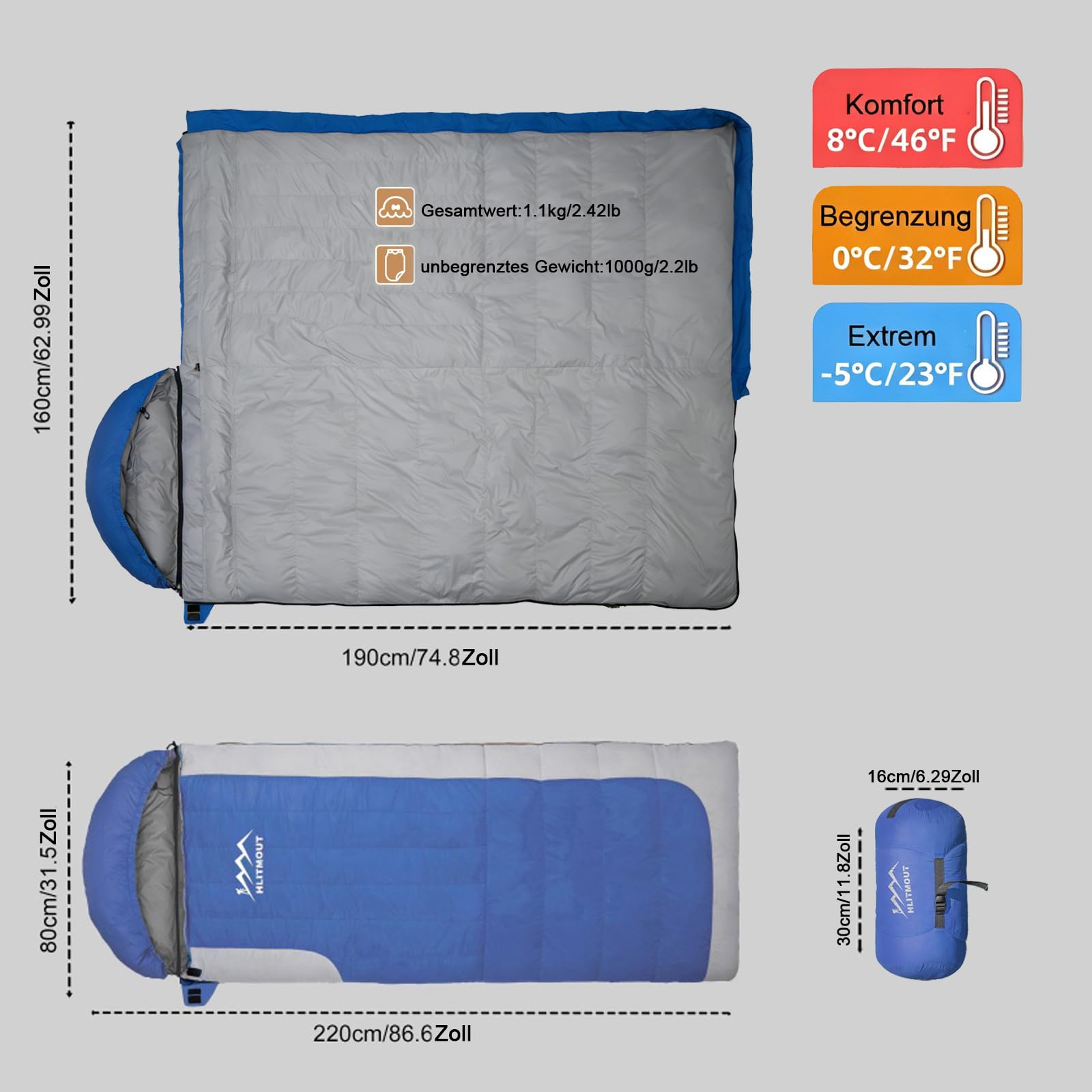 Daunen Deckenschlafsack, Leichter Kleiner Kompakt Schlafsack für 3~4 Jahreszeiten Camping, Wandern und Trekking
