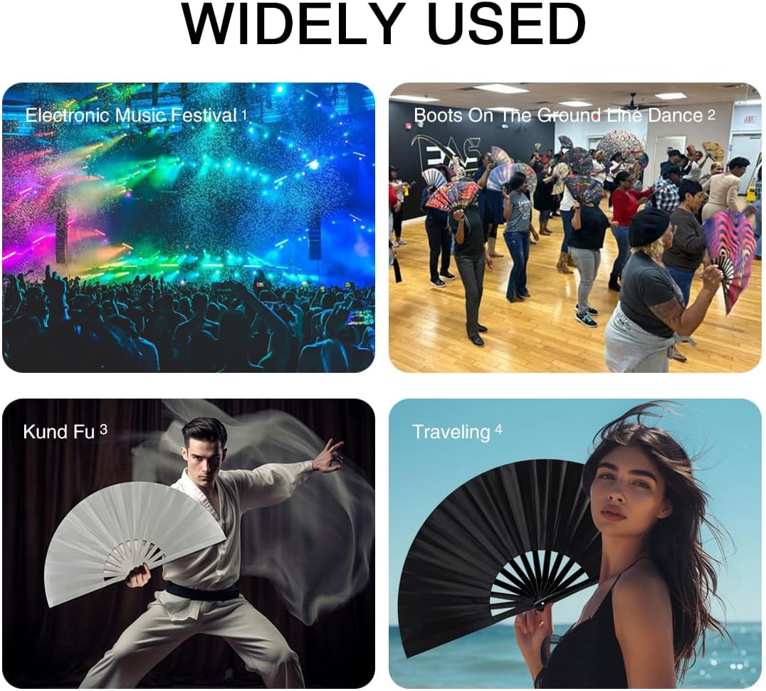 13" Large Folding Rave Fan with Holster, Clack Hand Fans Foldable for Line Dancing, Boots On The Ground Fan for Women Men Festival EDM Party Decoration, Glitter Black 2 Pack