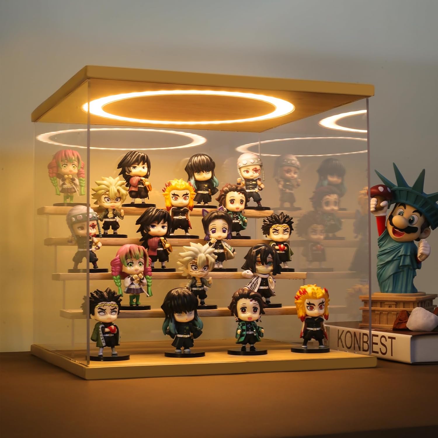 Acrylic Display Case with Adjustable LED Light, 5 Tier Clear Display Box Dustproof Showcase for Action Figures, Collectibles and Mini Toys, Assembly Display Cabinet(Wood 12.5×12.2×11.8in)