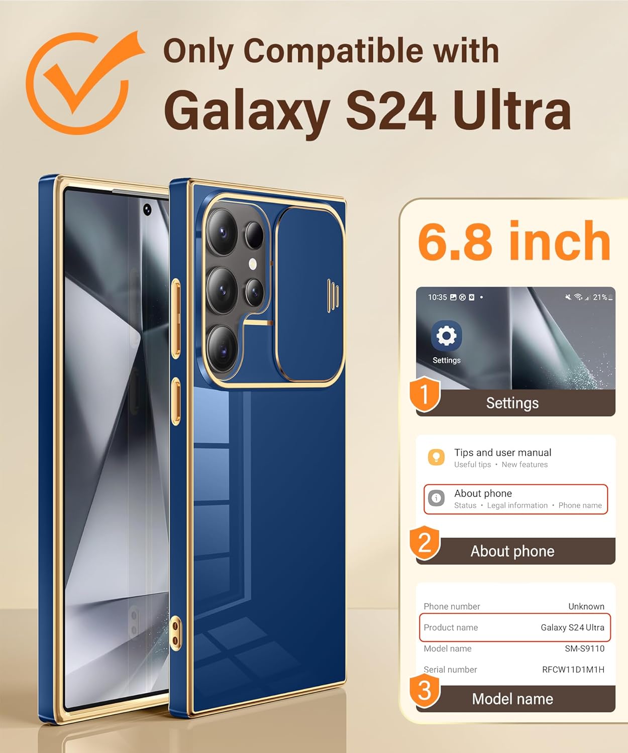 CAPRARO for Samsung Galaxy S24 Ultra Case with Camera Cover, [1x Screen Protector & Slide Camera Cover] Military Grade Shockproof Protective Phone Case for S24 Ultra Case 6.8", Deep Blue