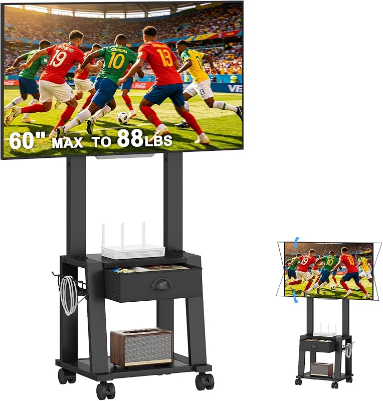 Rolling TV Stand with Storage for 23-60 Inch TVs up to 88 lbs, Height Adjustable Tilt Mobile TV Mount Cart with Drawer & 2 Shelves, Space-Saving Corner Design for Bedroom Living Room, VESA 400x400mm