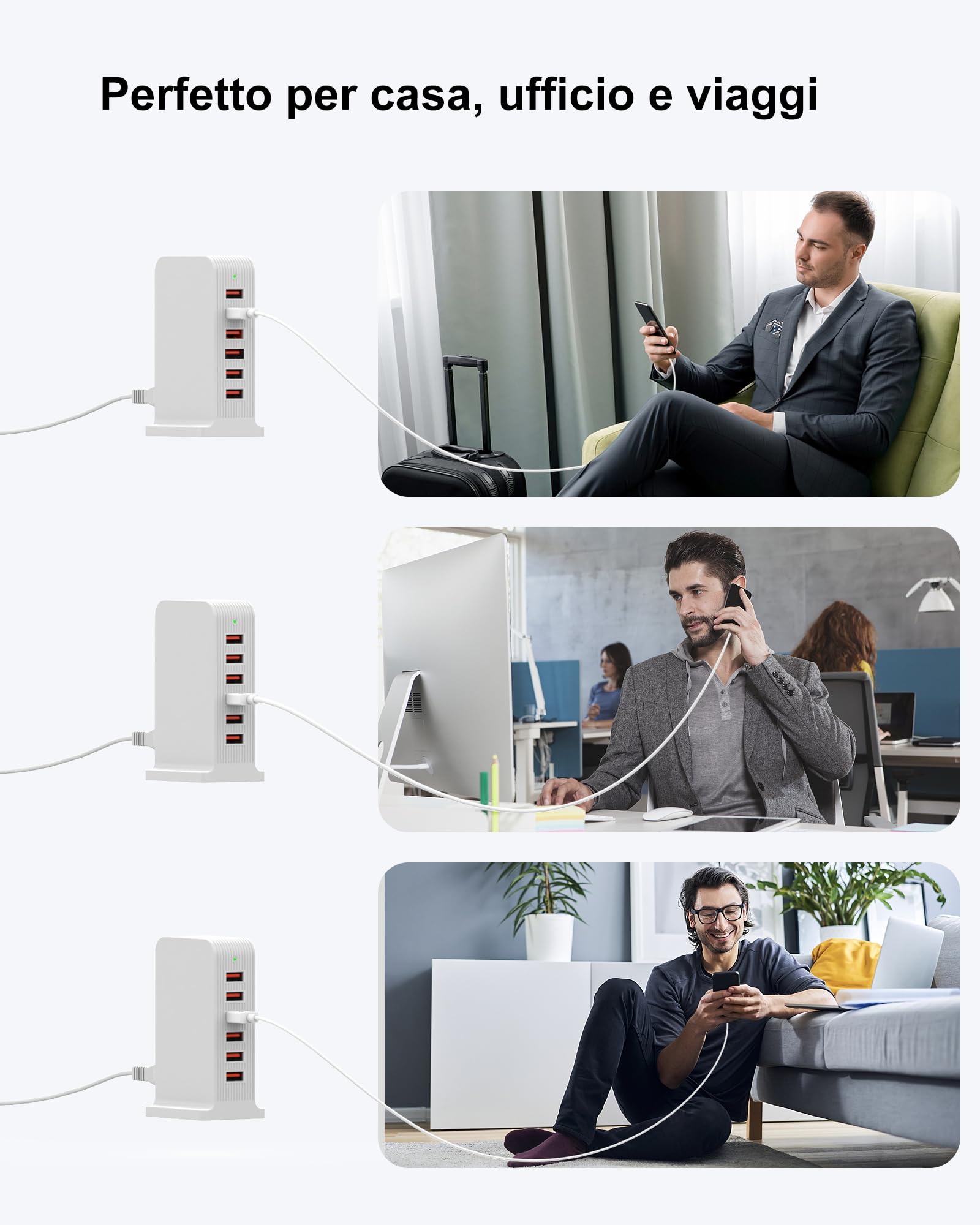 WUKUR Caricatore USB Multiplo,Stazione di Ricarica USB 6 Porte 50W da Tavolo per iPhone 14/14 Plus/14 Pro/14 Pro Max/13/12/11/8/XS/XR/X, iPad,Samsung Galaxy,Huawei(Bianco)