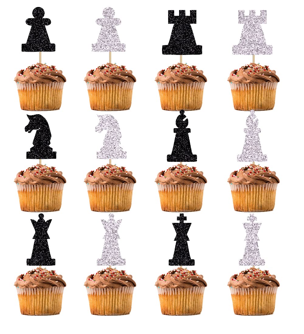 BIABISD 12 pcs nternational Chess Silhouettes Dessert Cupcake Toppers Chess lover chess player Happy Birthday Cupcake Decoration