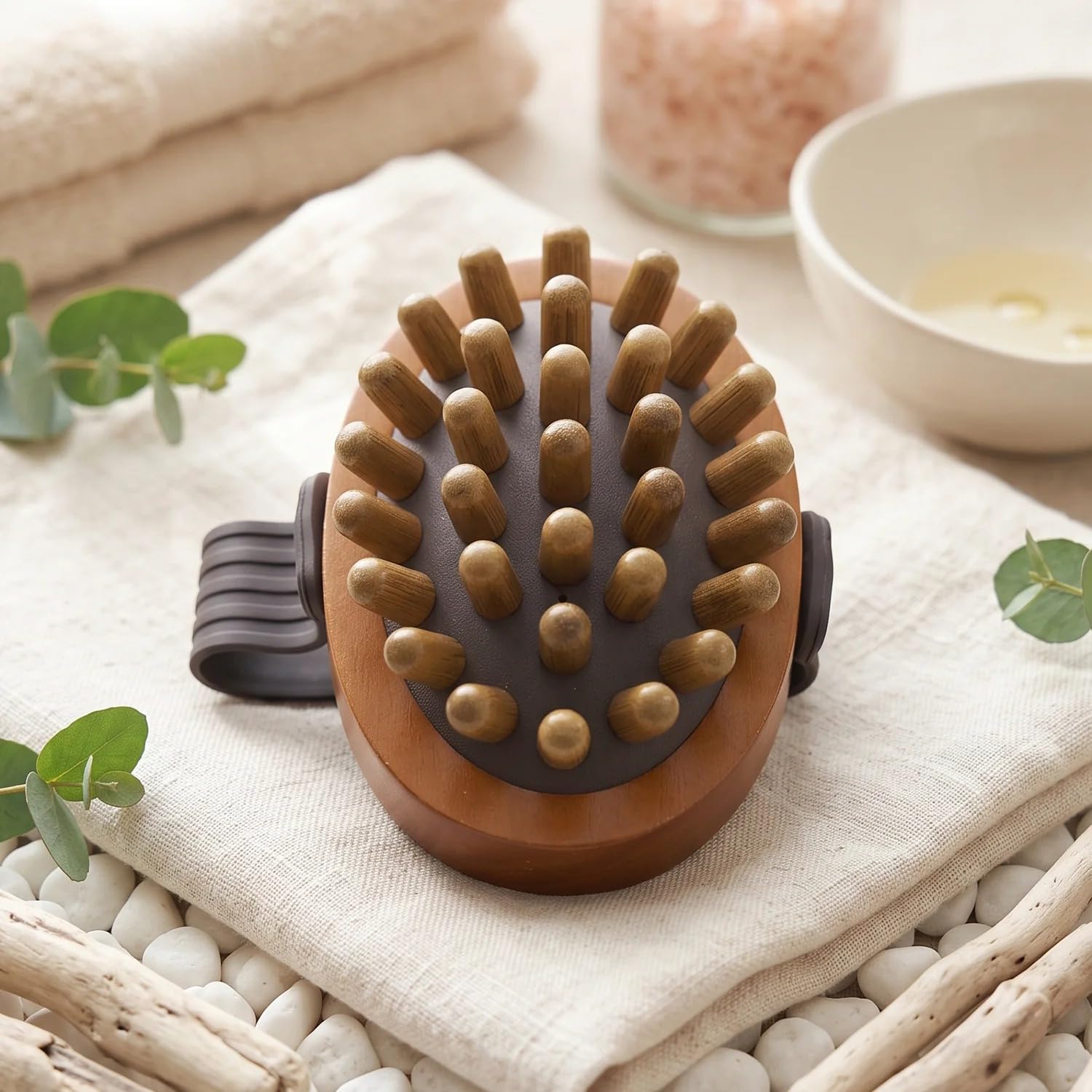 Handheld Wooden Anti Cellulite Body Massager Brush with Strap | Wood Massage Nodes, 9 x 10 cm Size, Elastic Hand Strap, Legs, Arms & Belly, Boosts Circulation-image-45