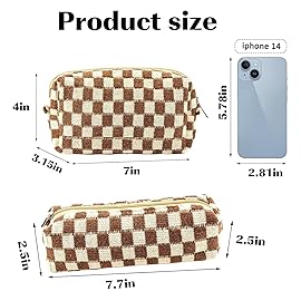 2Pcs Checkered Pencil Case Cute Pencil Pouch for Teens Checkered Makeup Bag Travel Cosmetic Bag Set Cute Makeup Pouch for Purse Portable Zippered Skincare Bags Preppy Toiletry Bags Organizer(Brown)