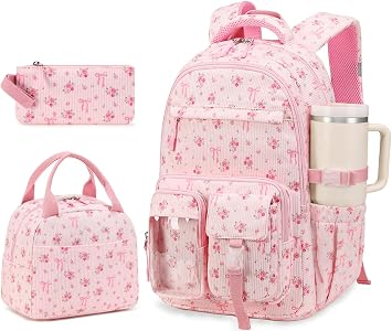 BTOOP Kids Backpack for Girls, 3PCS School Backpack with Lunch Box & Pencil Pouch for Teen Girl, Cute Multi-Compartment Bookbag School Bag Side Pocket Fits 40 oz Tumbler for Elementary Middle School